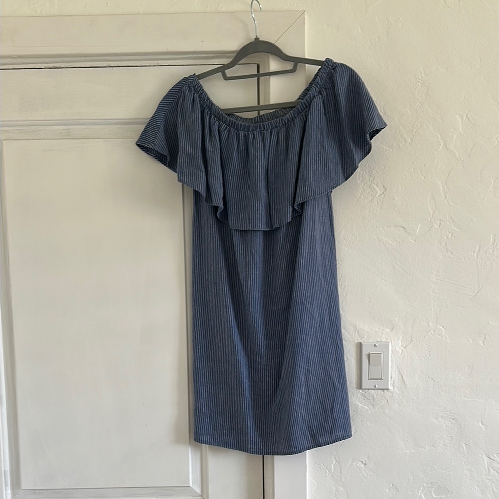 Blue Pinstripe Off-Shoulder Dress